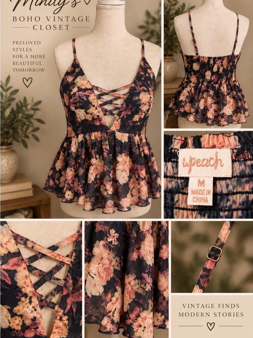 Floral Lace-Up Peplum Cami Tank Top - Black Floral - Size M